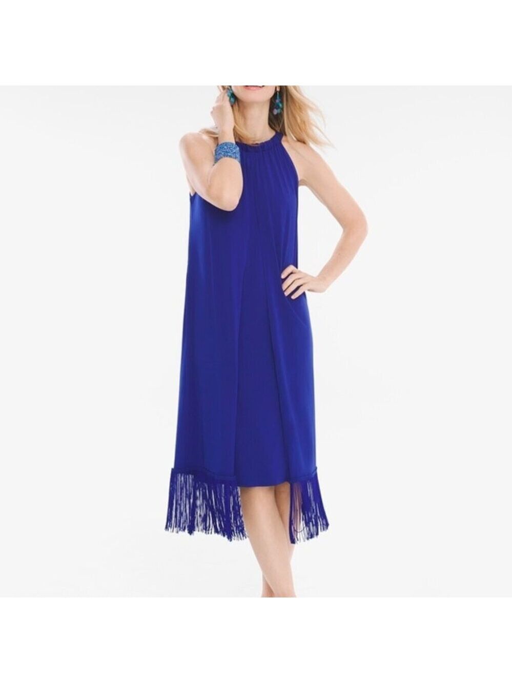 Chico’s Royal Blue Fringe Midi Shift Dress Size 1P Medium